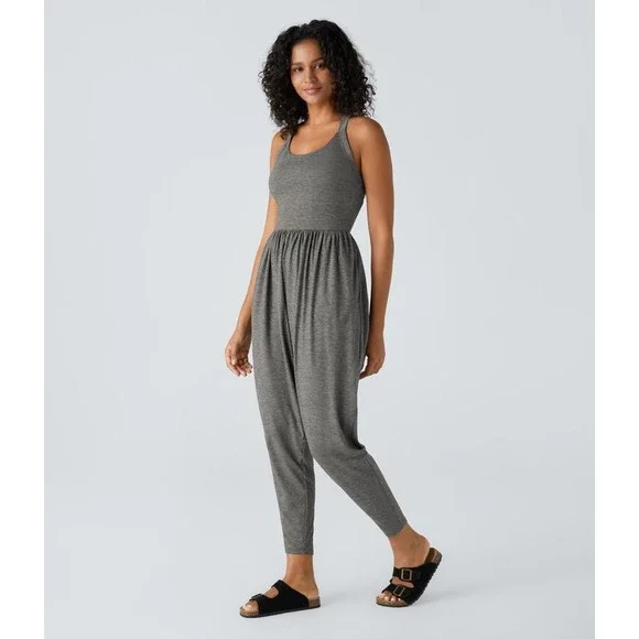 Halara U Neck Pocket Harem Gray Heathered Twist Back Halter Jumpsuit Size Medium - Picture 1 of 9